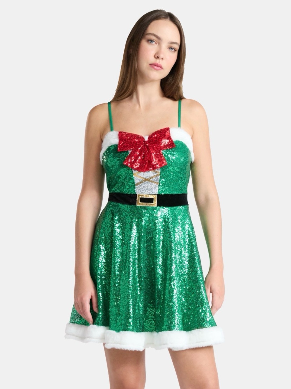No Boundaries Green Sequin Holiday Mini Dress with Red Bow size L